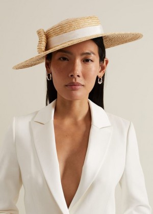 Beige Phase Eight Straw Bow Boater Hats | 2139XQEDK