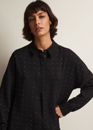 Black Phase Eight Elowen Embellished Longline Shirts | 9826JGHQK