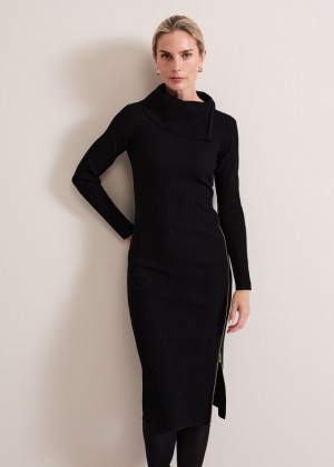 Black Phase Eight Hartley Zip Ribbed Column Dress | 5918ZLUWQ