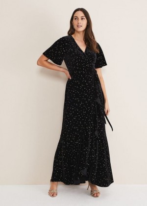 Black Phase Eight Holly Velvet Star Wrap Dress | 1936UTAHP