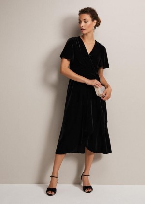 Black Phase Eight Julissa Velvet Ruffle Wrap Dress | 3601YVWQZ