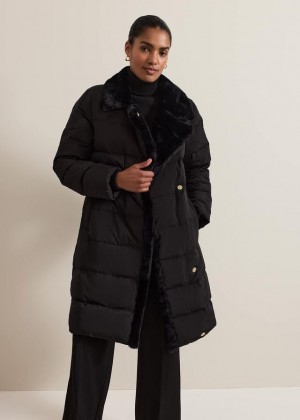Black Phase Eight Kim Fur Collar Puffer Coats | 7512TFQHU