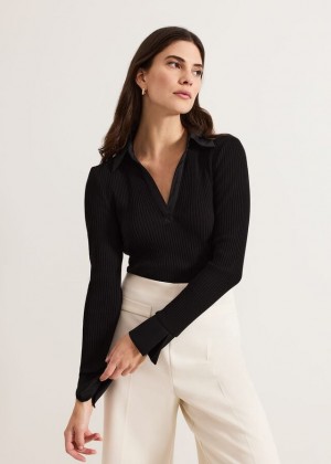Black Phase Eight Lisa Ribbed Polo Neck T Shirts | 6380IZYPW
