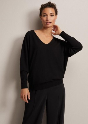 Black Phase Eight Senita Fine V-Neck Knitwear | 1756NUHBL