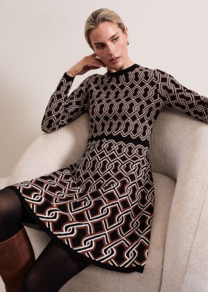 Black / Multicolor Phase Eight Josie Jacquard Fit And Flare Swing Dress | 7316OMIQC