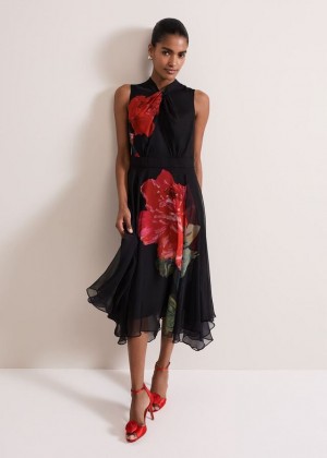 Black / Multicolor Phase Eight Lucia Chiffon Floral Dress | 8241GNUQD