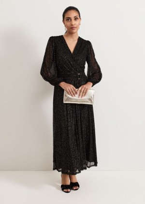 Black / Multicolor Phase Eight Petite Emre Shimmer Burnout Dress | 1674JOLCA