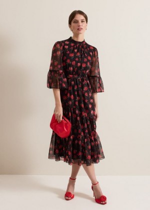 Black / Multicolor Phase Eight Petite Lela Floral Textured Dress | 4387GLTHE