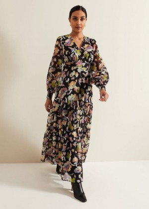 Black / Multicolor Phase Eight Petite Sandra Floral Dress | 1367BLGAJ