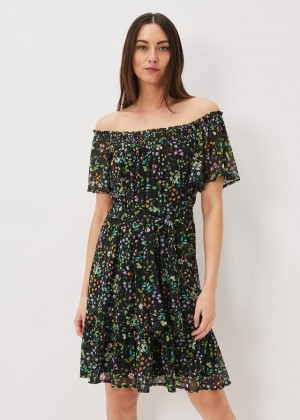 Black / Multicolor Phase Eight Zaylah Shirred Floral Mesh Dress | 2853JWKZD