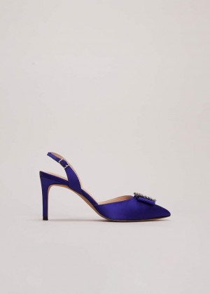 Blue Phase Eight Blue Satin Embellished Slingback Heels | 7543OQNFH