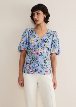 Blue / Multicolor Phase Eight Donda Floral Ruched T Shirts | 0258BMTRI