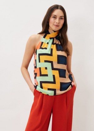 Dark Multicolor Phase Eight Milano Sleeveless Print Shirts | 2093GSTXE