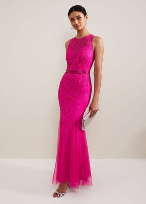 Fuchsia Phase Eight Rowena Beaded Dress | 3879LZAIV