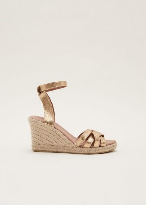 Gold Phase Eight Leather Strappy Espadrille Flats | 6349KBIDW