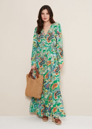 Green / Multicolor Phase Eight Azalia Paisley Dress | 7164OBKXA