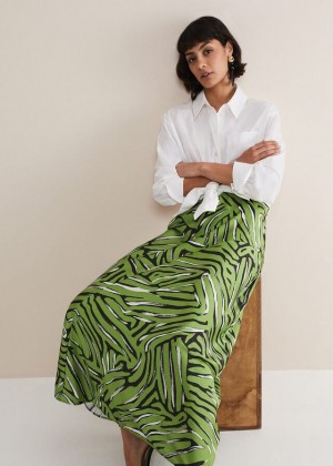 Green / Multicolor Phase Eight Norabel Zebra Print Satin Skirts | 0431JGIEV