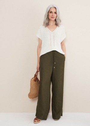 Khaki Phase Eight Lolita Drawstring Linen Trousers | 4187JQEZI