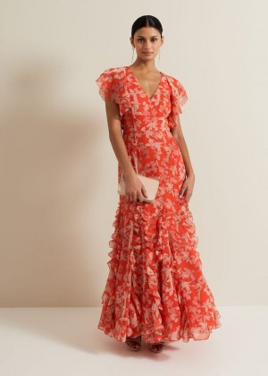 Multicolor Phase Eight Gaby Floral Print Ruffle Dress | 9248TYFIA