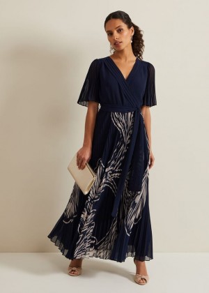 Multicolor Phase Eight Petite Abigail Printed Pleat Midaxi Dress | 0891SPVNA
