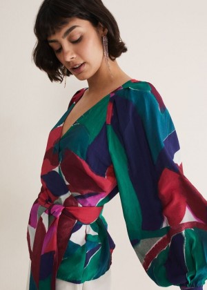 Multicolor Phase Eight Shalni Abstract Floral Wrap Shirts | 5240NSWQI