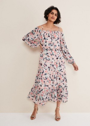 Multicolor Phase Eight Vicky Off Shoulder Printed Dress | 2497CSLWZ