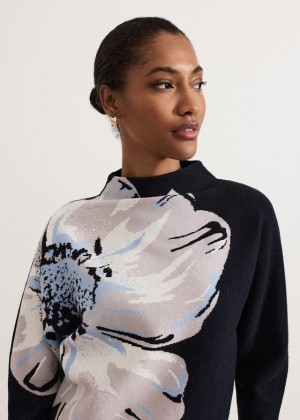 Navy Phase Eight Bessie Blue Floral Placement Knitwear | 5097OPWJE