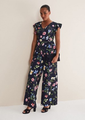 Navy / Multicolor Phase Eight Kallie Floral Wide Leg Jumpsuit | 5936WXTMO