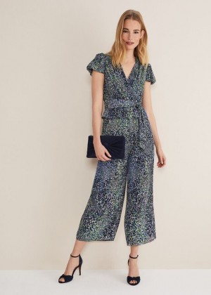 Navy / Multicolor Phase Eight Leora Wrap Printed Plisse Jumpsuit | 0945PMGQR