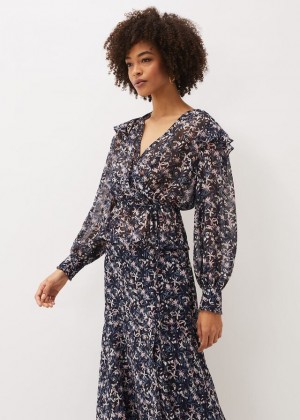 Navy / Pink Phase Eight Lola Floral Co-Ord Shirts | 8194DXQBS