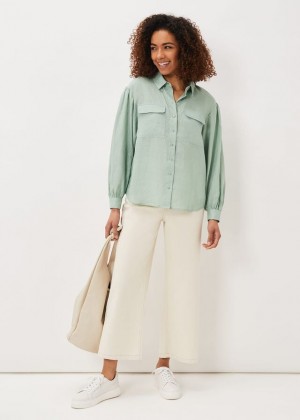 Olive / Green Phase Eight Brigita Linen Shirts | 6978GJXHQ