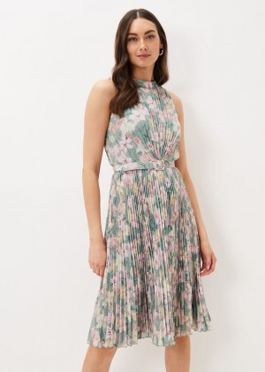 Olive / Multicolor Phase Eight Simara Floral Pleated Dress | 2487DPXJI