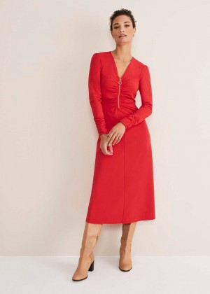 Red Phase Eight Irisa Zip Ruched Dress | 6315PTNIV