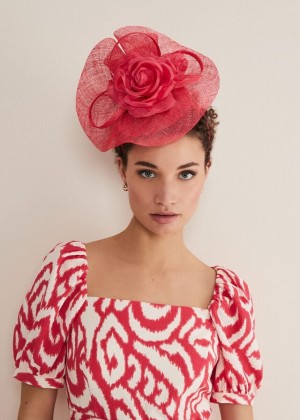 Red Phase Eight Pink Flower Pillbox Fascinator Hats | 7489RDOFQ