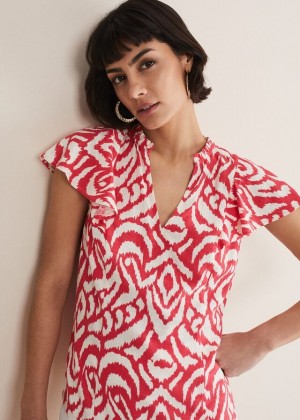Red / White Phase Eight Dalia Ikat Ruffle Shirts | 6058OBZDE