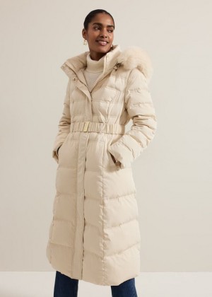 White Phase Eight Dixie Long Fur Hood Puffer Coats | 7364UNRCZ