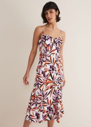 White / Multicolor Phase Eight Sammie Leaf Print Fit And Flare Dress | 7052LPGRQ