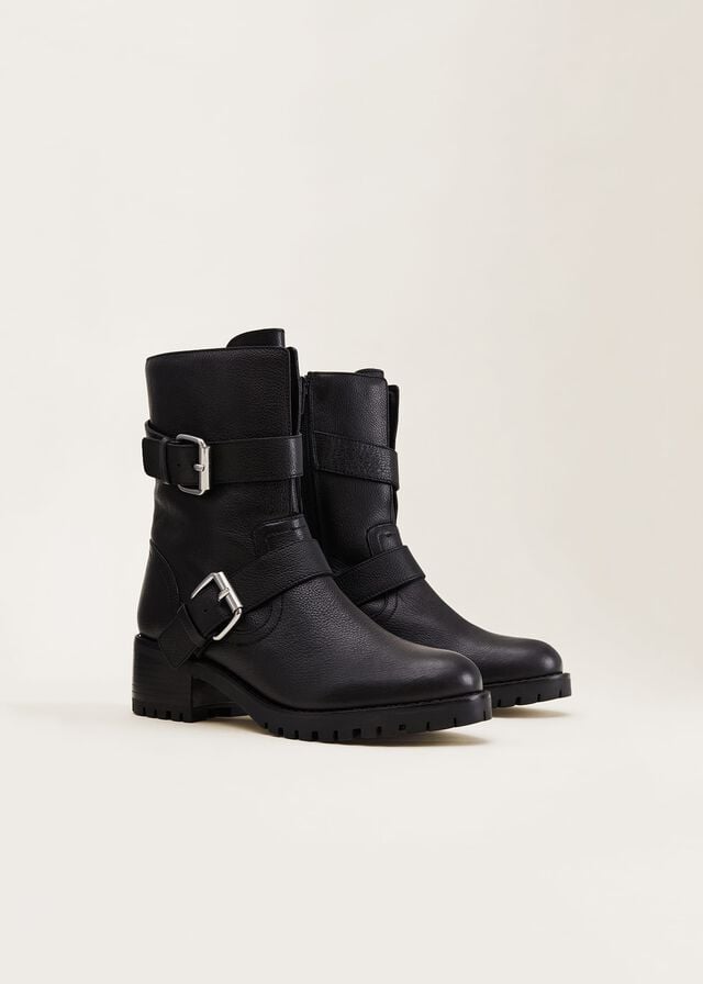 Black Phase Eight Alaska Leather Biker Flats | 5316AFIXZ