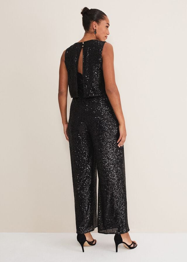 Black Phase Eight Aubrey Sequin Wide Leg Jumpsuit | 0672MZGBO