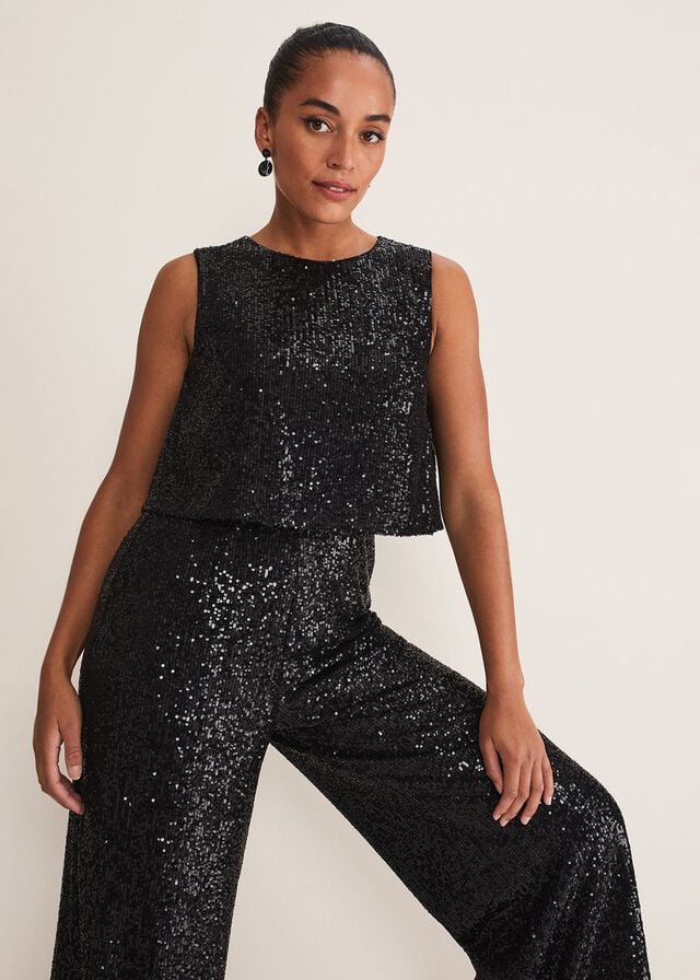 Black Phase Eight Aubrey Sequin Wide Leg Jumpsuit | 0672MZGBO