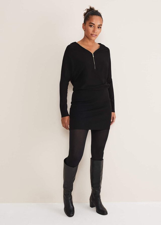 Black Phase Eight Becca Zip Neck Detail Dress | 7593DCAOP