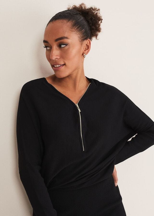 Black Phase Eight Becca Zip Neck Detail Dress | 7593DCAOP