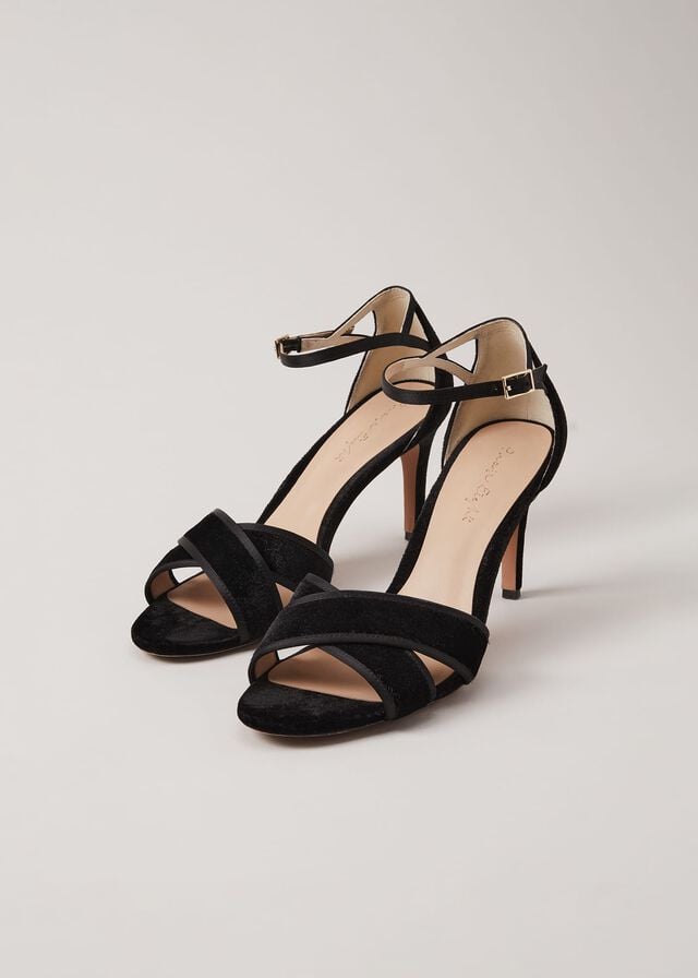 Black Phase Eight Black Velvet Open Toe Heels | 4612CPXHA