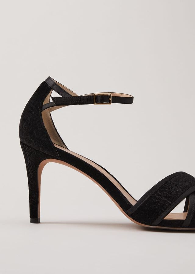 Black Phase Eight Black Velvet Open Toe Heels | 4612CPXHA