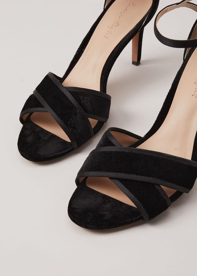 Black Phase Eight Black Velvet Open Toe Heels | 4612CPXHA