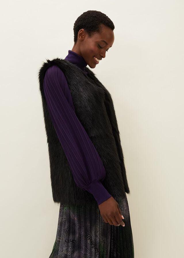 Black Phase Eight Ella Longline Reversible Faux Fur Gilet Coats | 1253FNEAQ