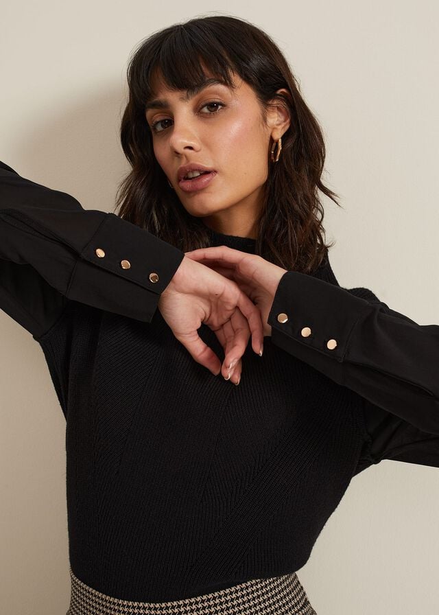 Black Phase Eight Ella Woven Sleeve Knitwear | 7892PAYID