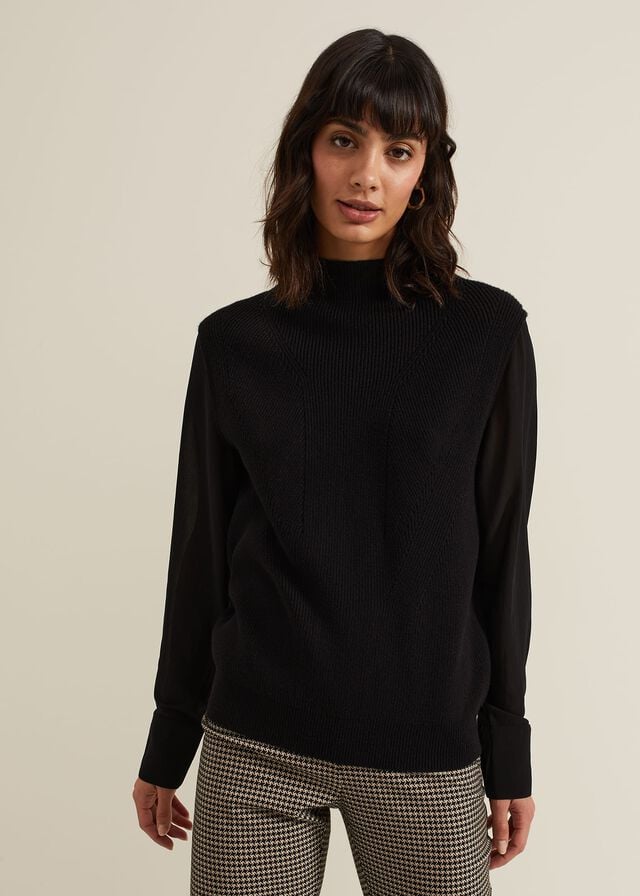 Black Phase Eight Ella Woven Sleeve Knitwear | 7892PAYID