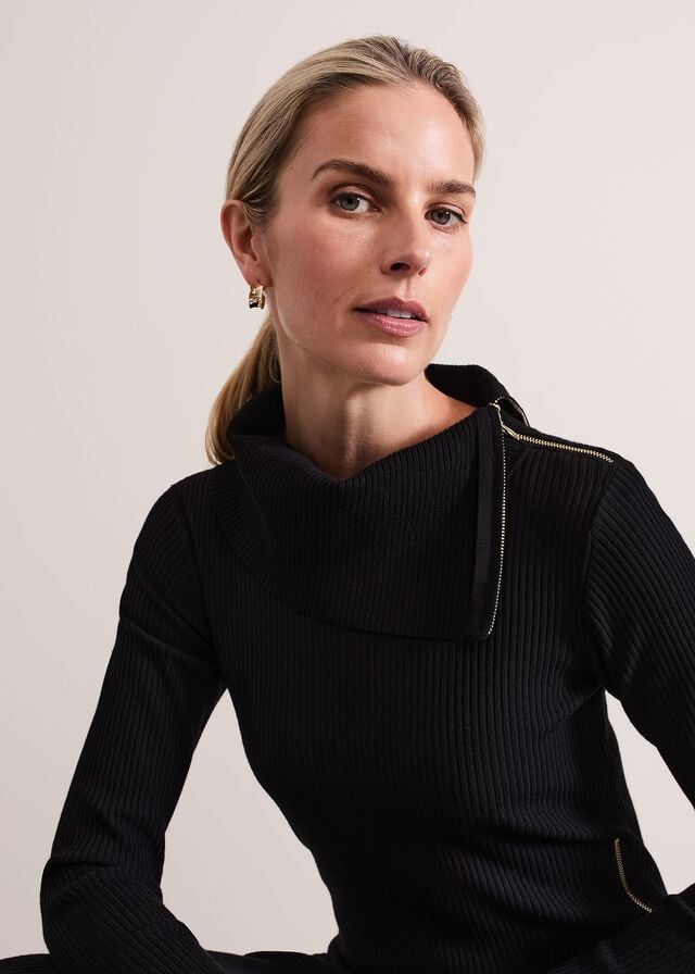 Black Phase Eight Hartley Zip Ribbed Column Dress | 5918ZLUWQ
