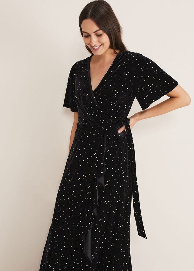 Black Phase Eight Holly Velvet Star Wrap Dress | 1936UTAHP
